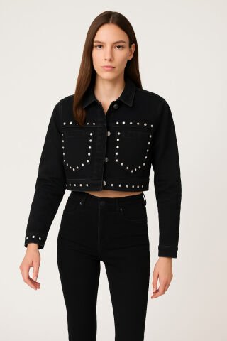 Siyah Jean Zımbalı Kısa Ceket
