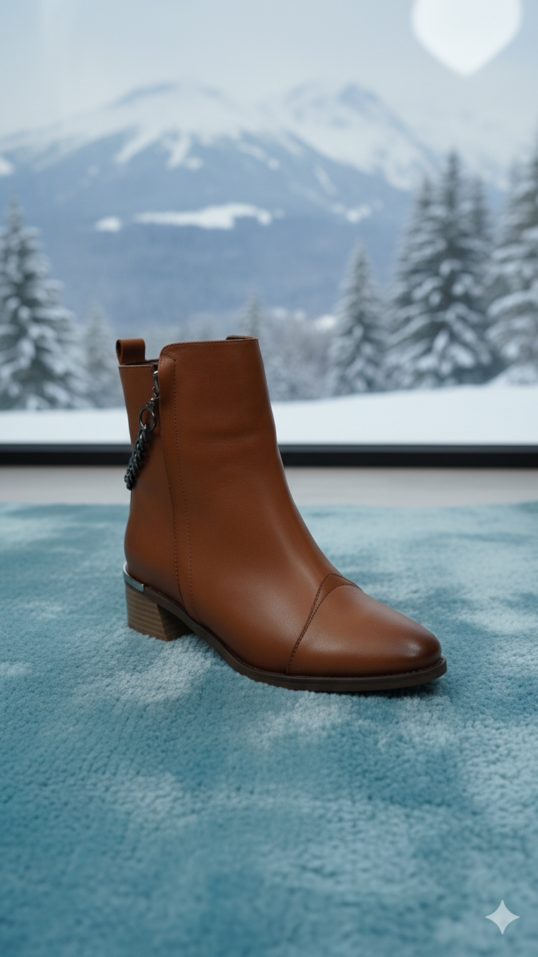 Taba Hakiki Deri Çift Taraf Fermuarlı Küçük Topuklu Zincirli Bot