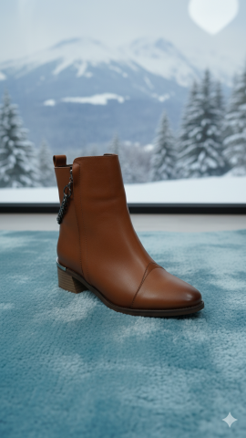 Taba Hakiki Deri Çift Taraf Fermuarlı Küçük Topuklu Zincirli Bot