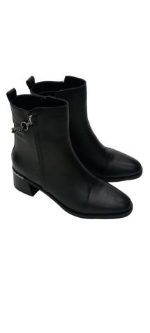 Siyah Hakiki Deri Çift Taraf Fermualı  Küçük Topuklu  Zincirli Bot