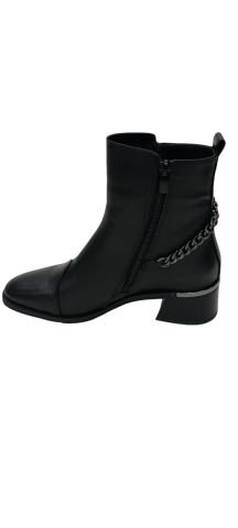 Siyah Hakiki Deri Çift Taraf Fermualı  Küçük Topuklu  Zincirli Bot