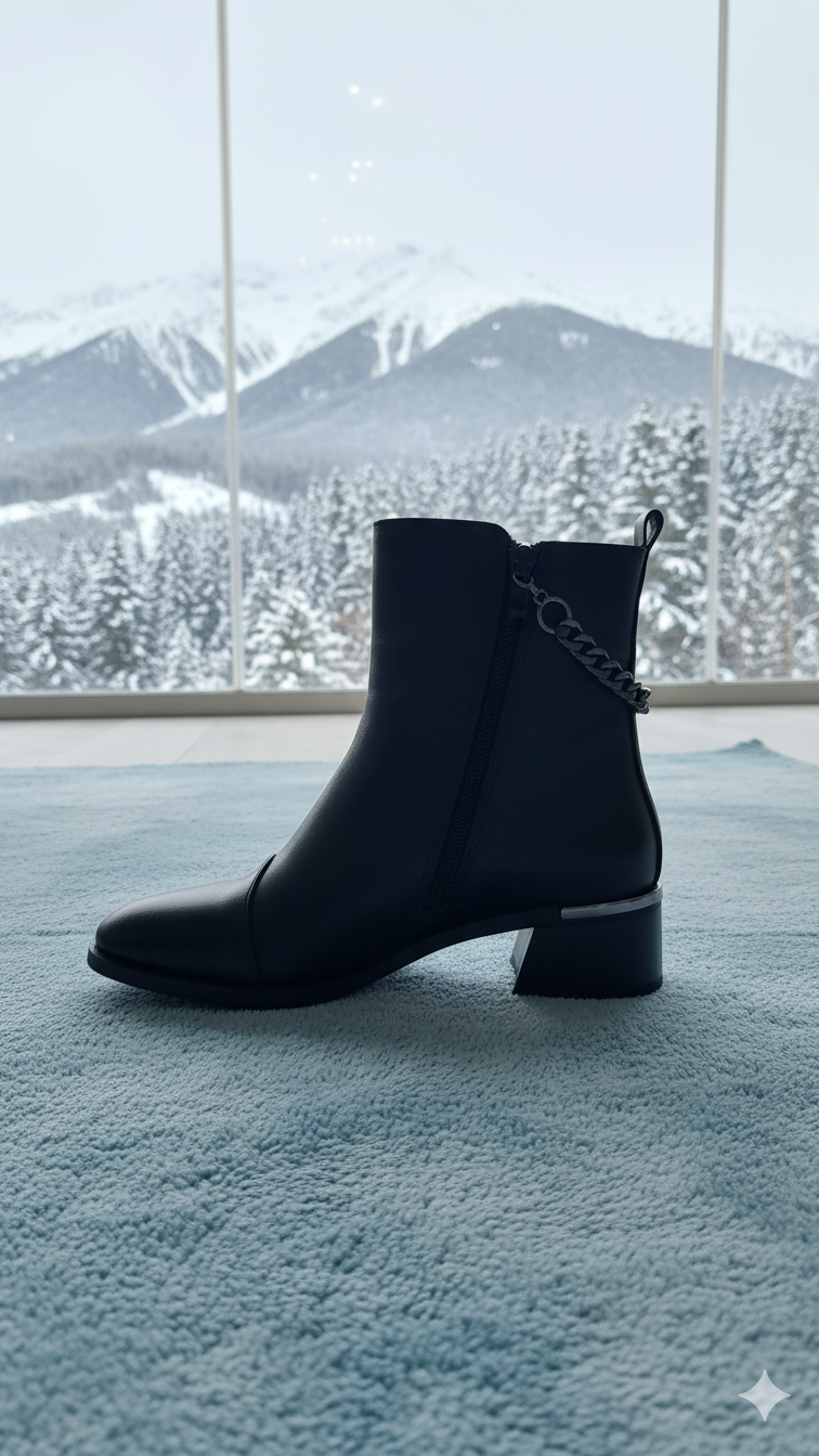 Siyah Hakiki Deri Çift Taraf Fermualı  Küçük Topuklu  Zincirli Bot