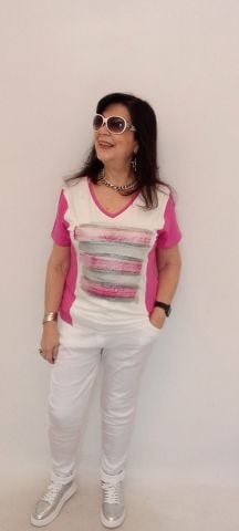 Büyük Beden Fuşya Rengi Önü Beyaz Fırça Desenli Viskon Penye Bluz