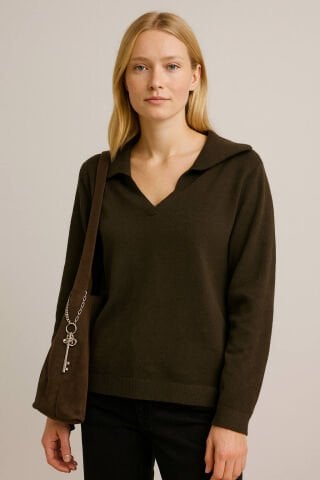 İtalyan Haki Yeşil  Polo Yaka İnce Triko