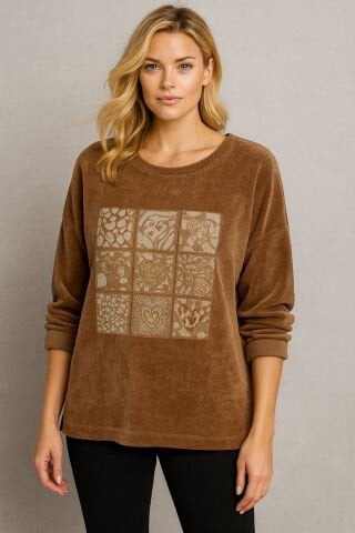 Taba Çizgili Kadife  Önünde Dore Baskı Deseni Olan Triko Kazak