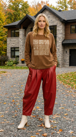 Taba Çizgili Kadife  Önünde Dore Baskı Deseni Olan Triko Kazak