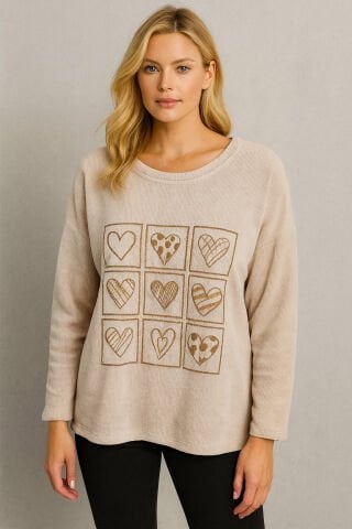 Kemik  Çizgili Kadife  Önünde Dore Baskı Deseni Olan Triko Kazak