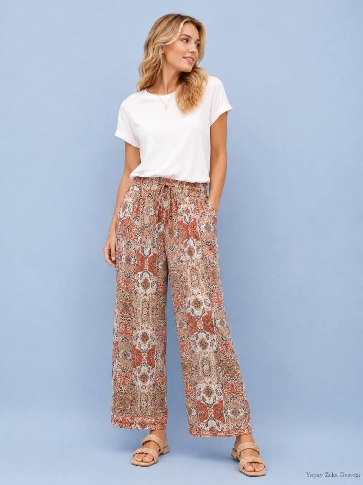 Viskon Oranj Desenli Beli Lastikli Bol Paça Pantalon