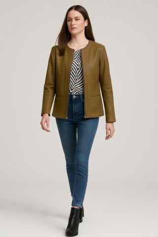 Fıstık Yeşili Hakiki Deri   Yakasız Kısa Ceket