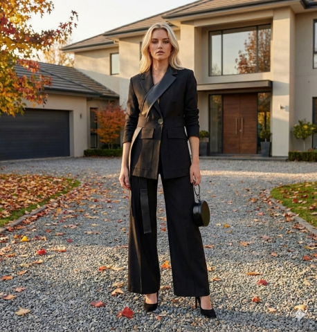 Siyah Gabardin Deri Kombinli Ceket