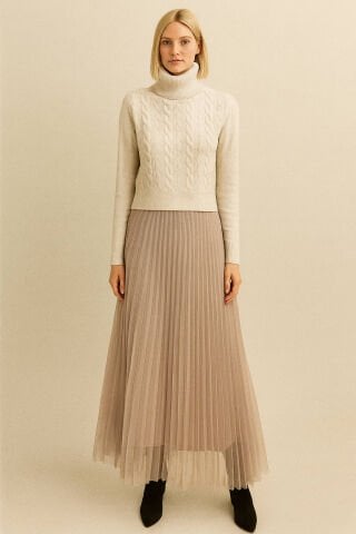 İtalyan Bej Rengi Tül Etekli Elbise