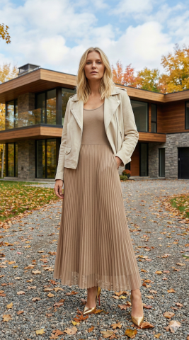 İtalyan Bej Rengi Tül Etekli Elbise