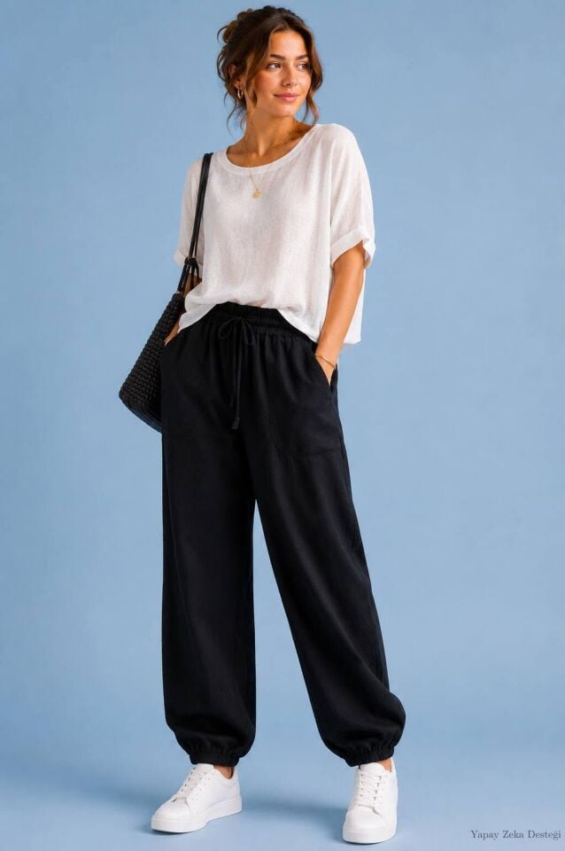 Modal Siyah Beli Büzgülü Bol Salaş Pantalon