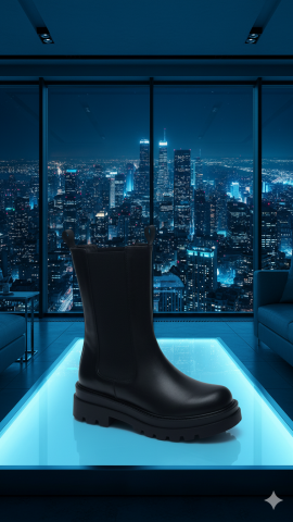 Siyah Kalın Tabanlı  Uzun  İthal Deri Bot