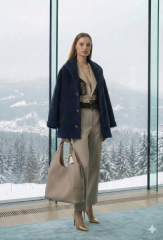 Lacivert Tüylü Kumaş Yakalı Kaban