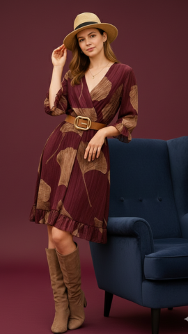 Bordo Bej Desenli  Üst V Yaka Kruvaze Altı Kloş Etek İtalyan İpek Üstü Varaklı Elbise