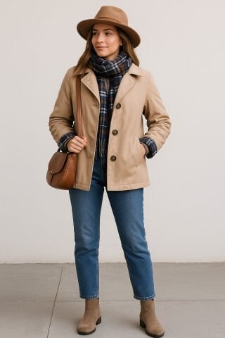 İtalyan Bir  Yüzü Bej Bir Yüzü Kareli Olan Trenç