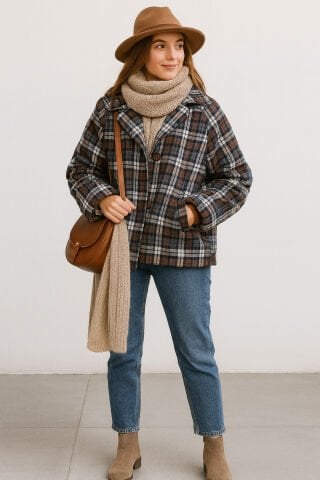 İtalyan Bir  Yüzü Bej Bir Yüzü Kareli Olan Trenç