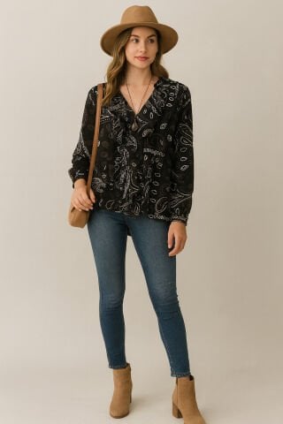 İtalyan  Siyah Kemik Kahve Desenli V Yaka  Volanlı İpek Vual Dökümlü Kumaş