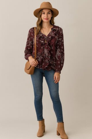 İtalyan  Bordo Kemik Kahve Desenli V Yaka  Volanlı İpek Vual Dökümlü Kumaş