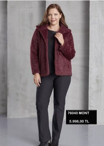 Bordo Tüylü Kumaş Kapşonlu Kaban