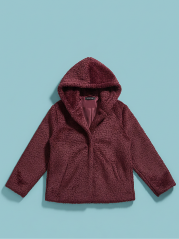 Bordo Tüylü Kumaş Kapüşonlu Kaban