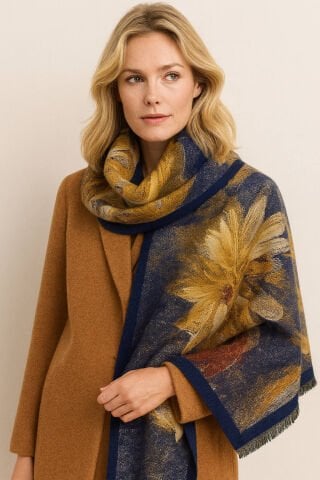 Camel Lacivert Büyük Desenli Şal