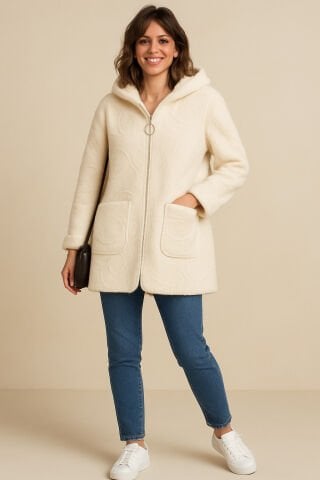 İtalyan Kemik Kendinden  Kabartmalı  Yün Kaşe Kapşonlu Fermuarlı Cepli  Kaban