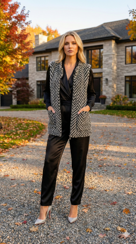 Siyah Beyaz Diagonal Çizgili Fermuarlı Yelek – Dinamik ve Modern Bir Dokunuş