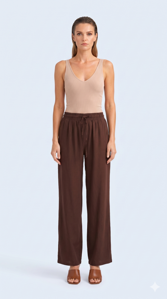 Kahve Rengi Beli Büzgülü Mikro Kumaş Pantalon