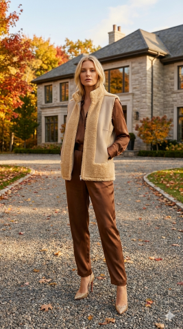 Kemik Rengi Deri & Kürk Detaylı Yelek – İki Doku, Tek Şıklık