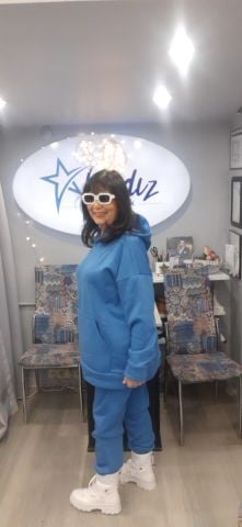 Büyük Beden Mavi Üç İplik Kapşonlu  Takım