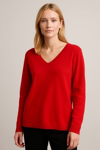 İtalyan Kırmızı V Yaka İnce Triko Kazak