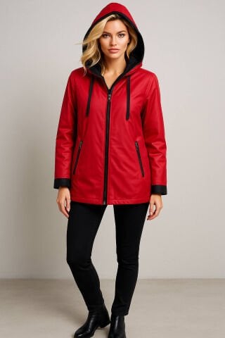 Hakiki Deri Kırmızı Çift Taraflı Kapüşonlu Kaban – İki Tarafı da Tarz