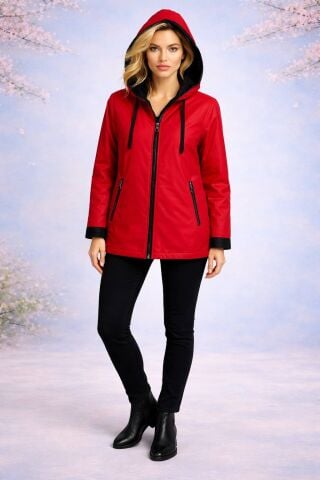 Hakiki Deri Kırmızı Çift Taraflı Kapüşonlu Kaban – İki Tarafı da Tarz