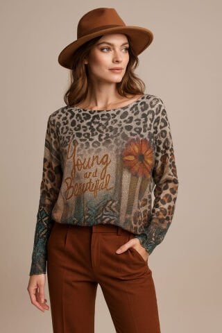 İtalyan Kahve Camel Leopar  Desenli  Viskon  Triko Bluz