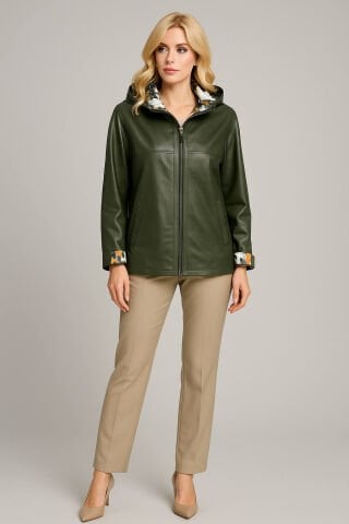 Hakiki Deri Haki Rengi  Çift Taraflı Kapşonlu Kaban