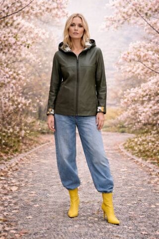 Hakiki Deri Haki Rengi  Çift Taraflı Kapüşonlu Kaban