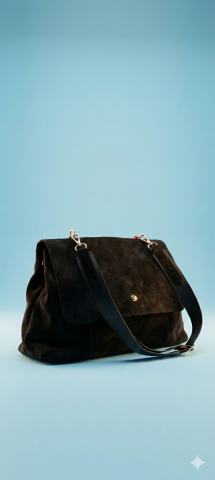 Siyah Hakiki Süet Saplı Kapaklı Çanta