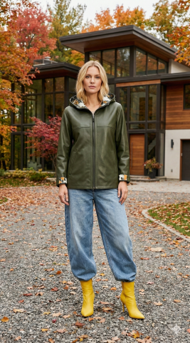 Hakiki Deri Haki Rengi  Çift Taraflı Kapüşonlu Kaban