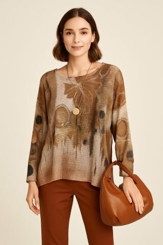 İtalyan Kemik  Camel   Desenli  Viskon  Triko Bluz