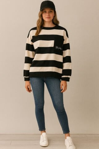 İtalyan Siyah Kemik Çizgili Cepli  Cotton Sweet