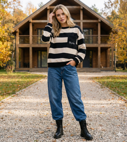 İtalyan Siyah Kemik Çizgili Cepli Cotton Sweat