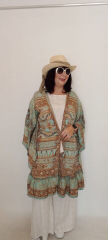İtalyan Desenli İpek Kimono - Vizon