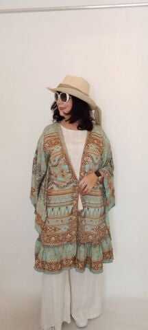 İtalyan Desenli İpek Kimono - Vizon