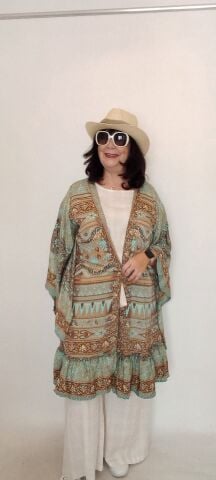 İtalyan Desenli İpek Kimono - Vizon