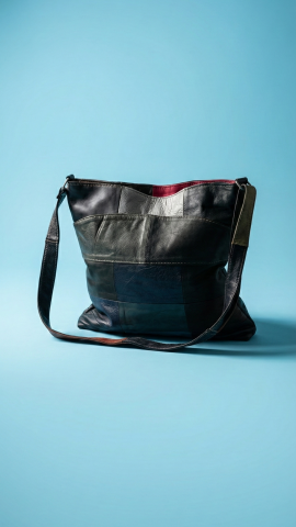 Siyah Patchwork Hakiki Deri Postacı Çanta