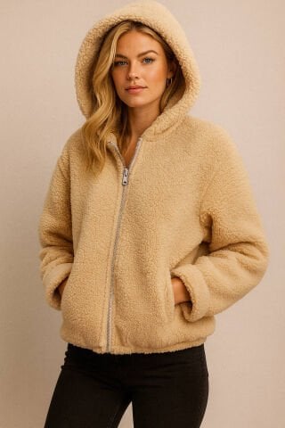 Bej Rengi  Kapşonlu  Peluş Kaban