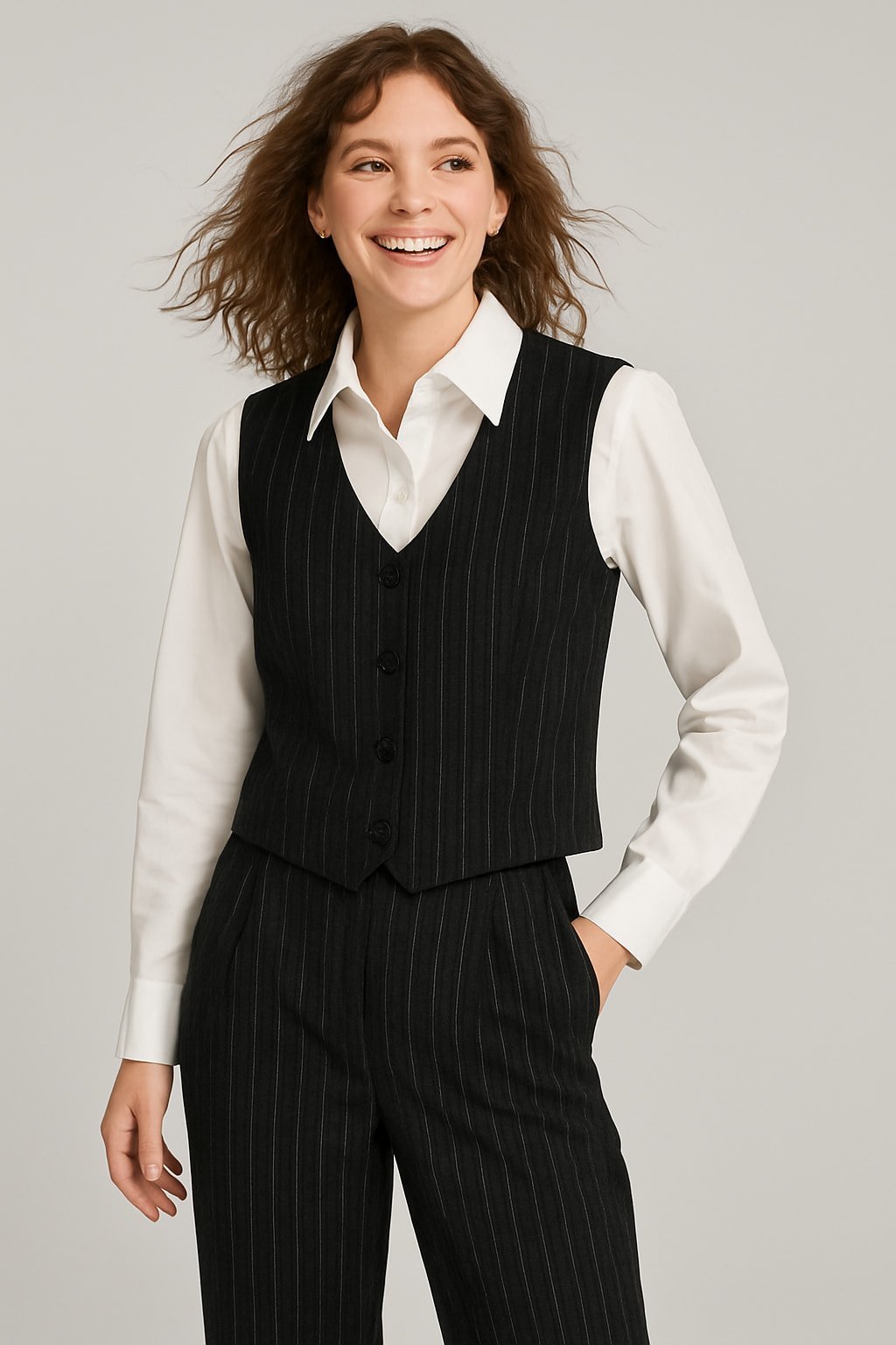 İİtalyan Siyah Çizgili Borsalino Kumaş  Kısa Yelek