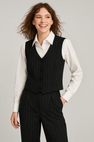 İİtalyan Siyah Çizgili Borsalino Kumaş  Kısa Yelek